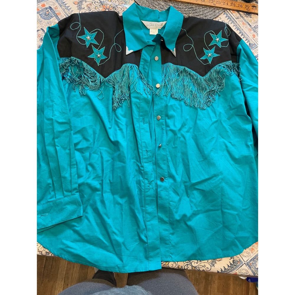 Vintage Lilia Smitty Western Shirt Teal Black Fringe Star Studded Large USA Made